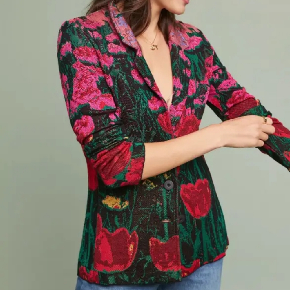 Women’s Floral Knit Blazer Sweater - Pink & Green
